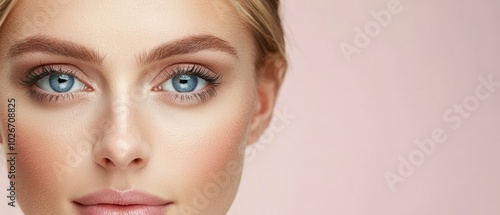  A woman's face, eyes bright blue, background pale pink wall