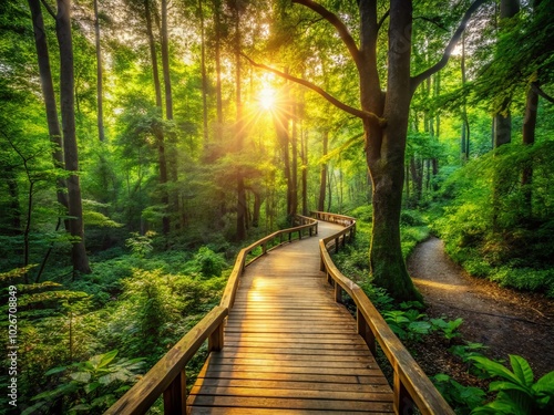 Serene Wooden Pathway Leading Into Enchanting Woods - A Tranquil Escape Into Nature's Embrace