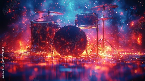 A vibrant drum set illuminated by colorful lights, creating a dynamic visual effect. The scene embodies energy and creativity with striking hues.