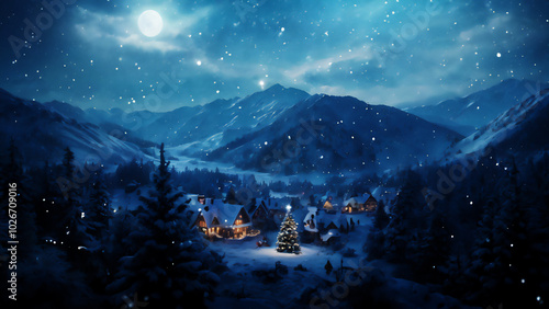 異世界のクリスマスツリーのある村の風景　AI画像　ジェネレーティブAI