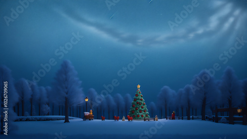 異世界のクリスマスツリーのある村の風景　AI画像　ジェネレーティブAI