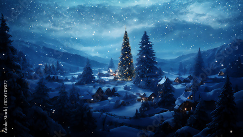 異世界のクリスマスツリーのある村の風景　AI画像　ジェネレーティブAI