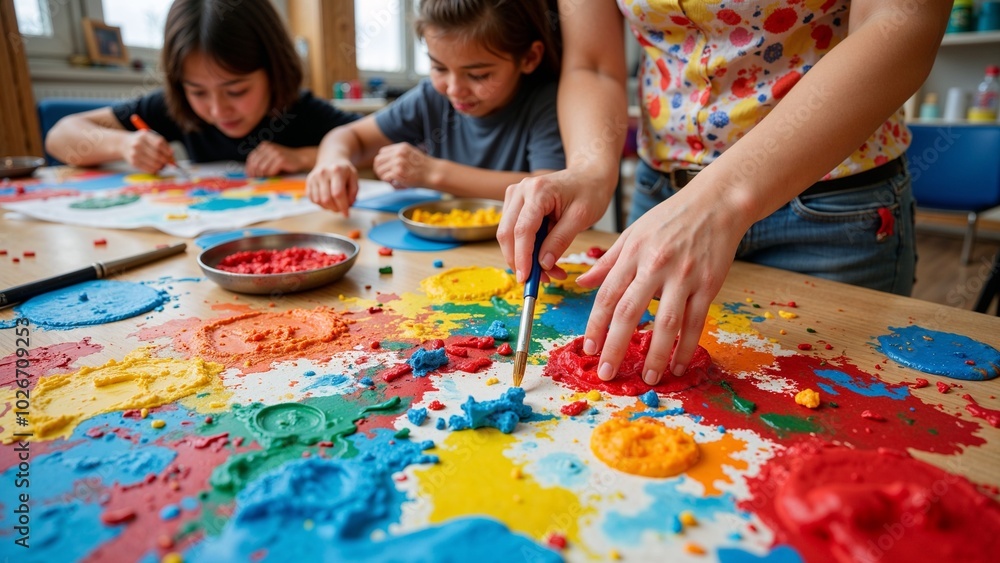 Fototapeta premium Creative children engaged in colorful art activities with paint and modeling clay