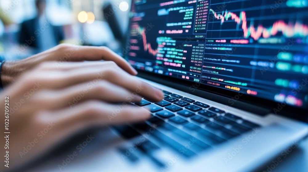 Hands typing on a laptop displaying a stock trading platform, with various charts and market trends visible on the screen. Hands typing on a laptop displaying a stock trading platform, with various charts and market trends visible on the screen.