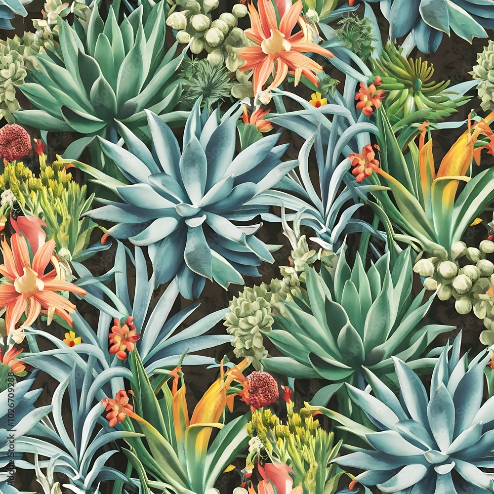 Obraz premium Succulent botanical flowers. Watercolor illustration set. Seamless background pattern. Fabric wallpaper print texture.