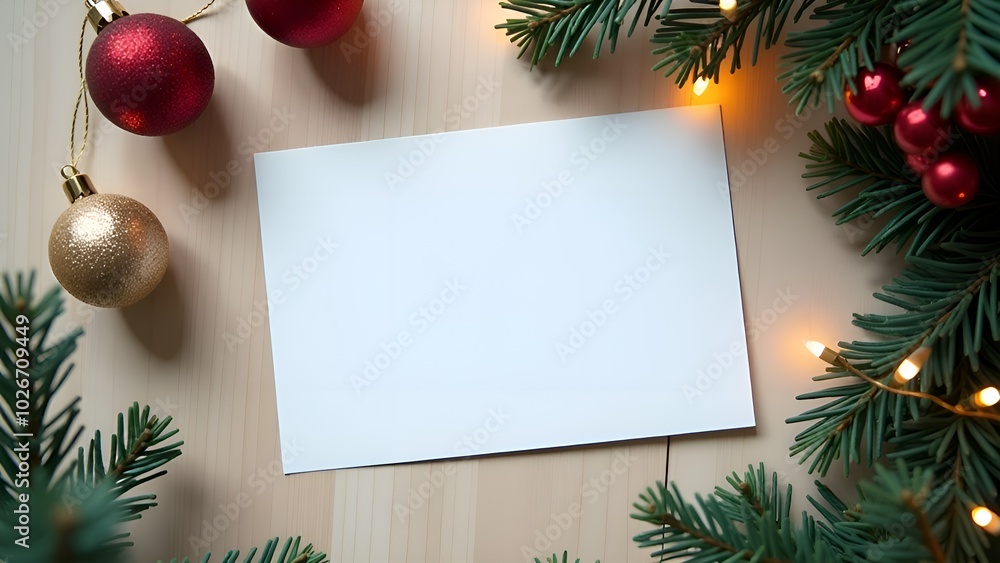 White postcard is placed on a light wooden surface, surrounded by lush pine branches and red ornaments, creating a warm holiday atmosphere. White postcard is placed on a light wooden surface, surrounded by lush pine branches and red ornaments, creating a warm holiday atmosphere.