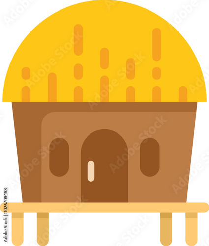 Simple vector illustration representing a small tropical hut standing on wooden stilts with a yellow roof, isolated on white background