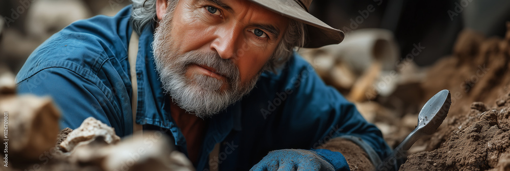 An elderly Caucasian male archaeologist is digging for artifacts at a work site. An elderly Caucasian male archaeologist is digging for artifacts at a work site.