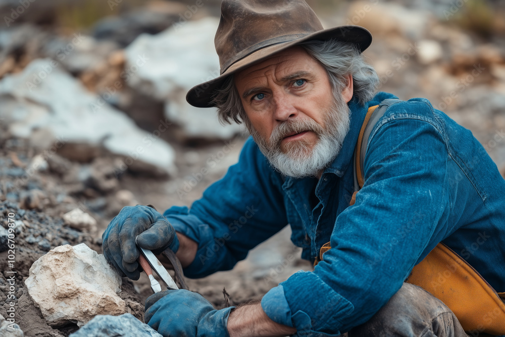An elderly Caucasian male archaeologist is digging for artifacts at a work site. An elderly Caucasian male archaeologist is digging for artifacts at a work site.