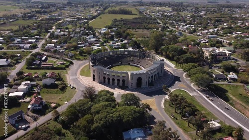 Aerial drone view of the Real de San Carlos bullring in Colonia del Sacramento, Uruguay. 
