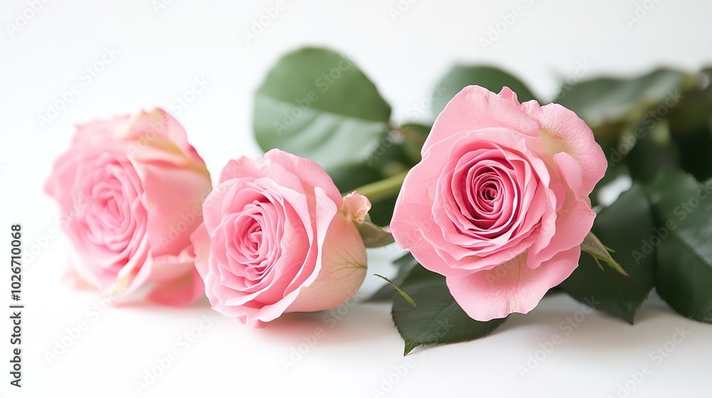 Pink rose arrangement with subtle shadows on white