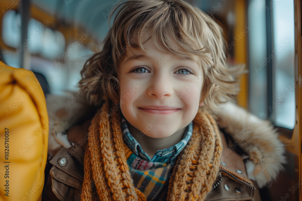 Caucasian boy sitting on a school bus, bus travel Caucasian boy sitting on a school bus, bus travel