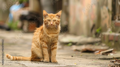 Fototapeta Naklejka Na Ścianę i Meble -  A cute orange cat in the transformation streets