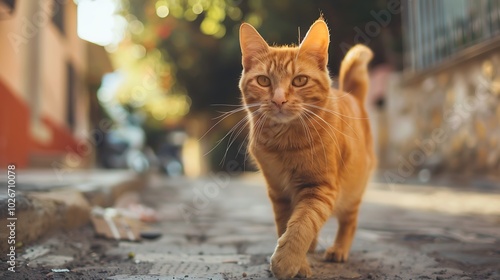 Fototapeta Naklejka Na Ścianę i Meble -  A cute orange cat in the transformation streets
