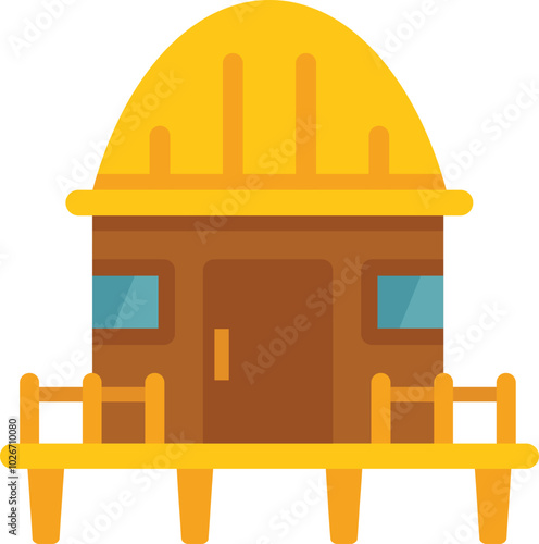 Wooden bungalow standing on stilts with yellow roof and porch with railing, isolated on white background