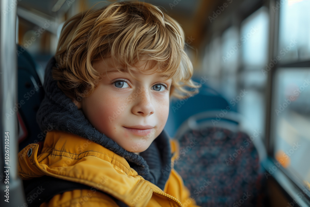 Caucasian boy sitting on a school bus, bus travel Caucasian boy sitting on a school bus, bus travel