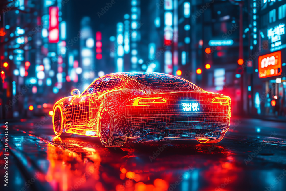 A technology futuristic style car is driving on the streets of the night city. A technology futuristic style car is driving on the streets of the night city.