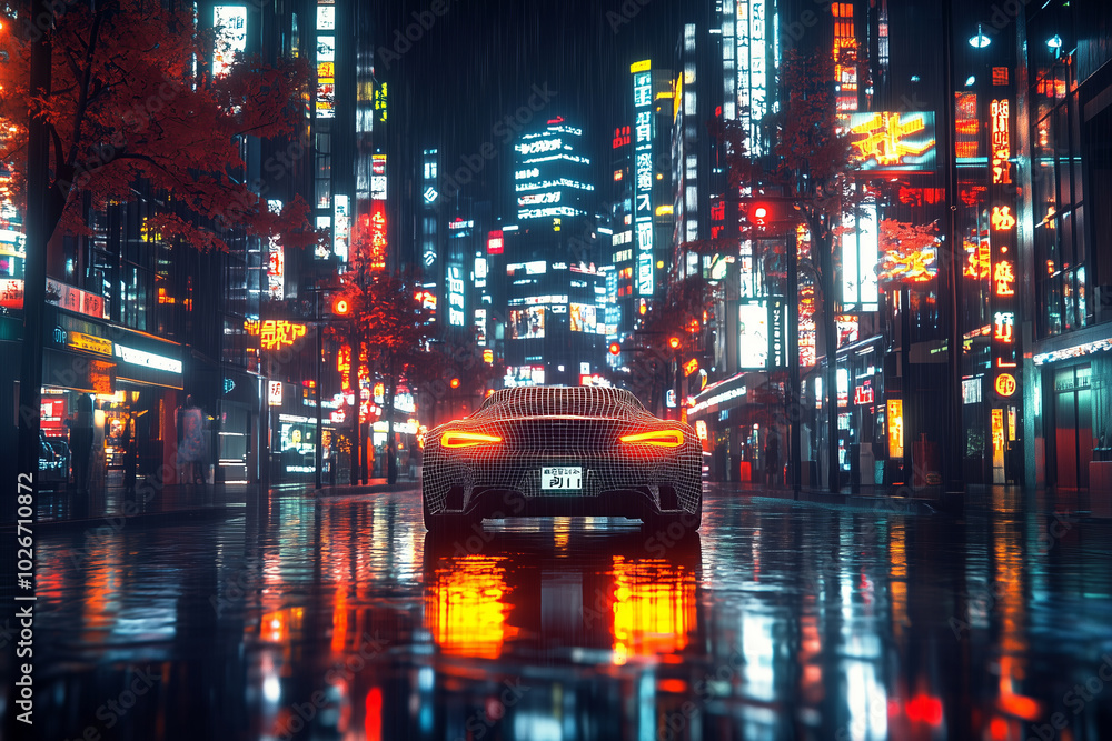 A technology futuristic style car is driving on the streets of the night city. A technology futuristic style car is driving on the streets of the night city.