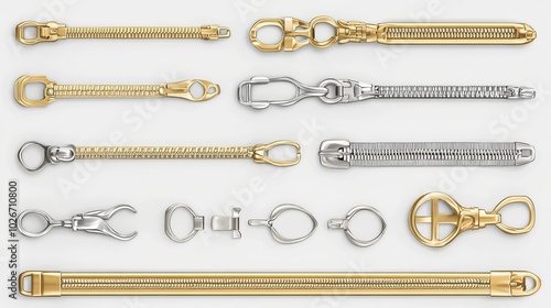 A set of silver and golden zippers with realistic pulls, showcasing metal platinum fasteners ideal for apparel. This collection features a variety of clothing garment components, accessories photo