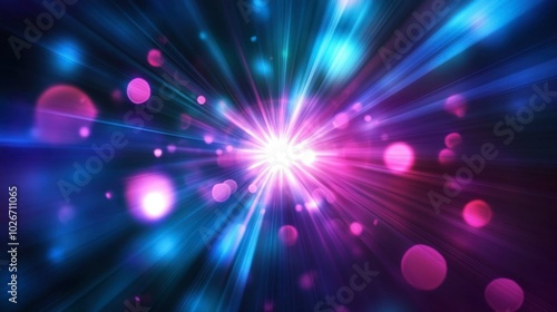 Radiating light flares in shades of blue and purple softly glowing over a dark gradient.