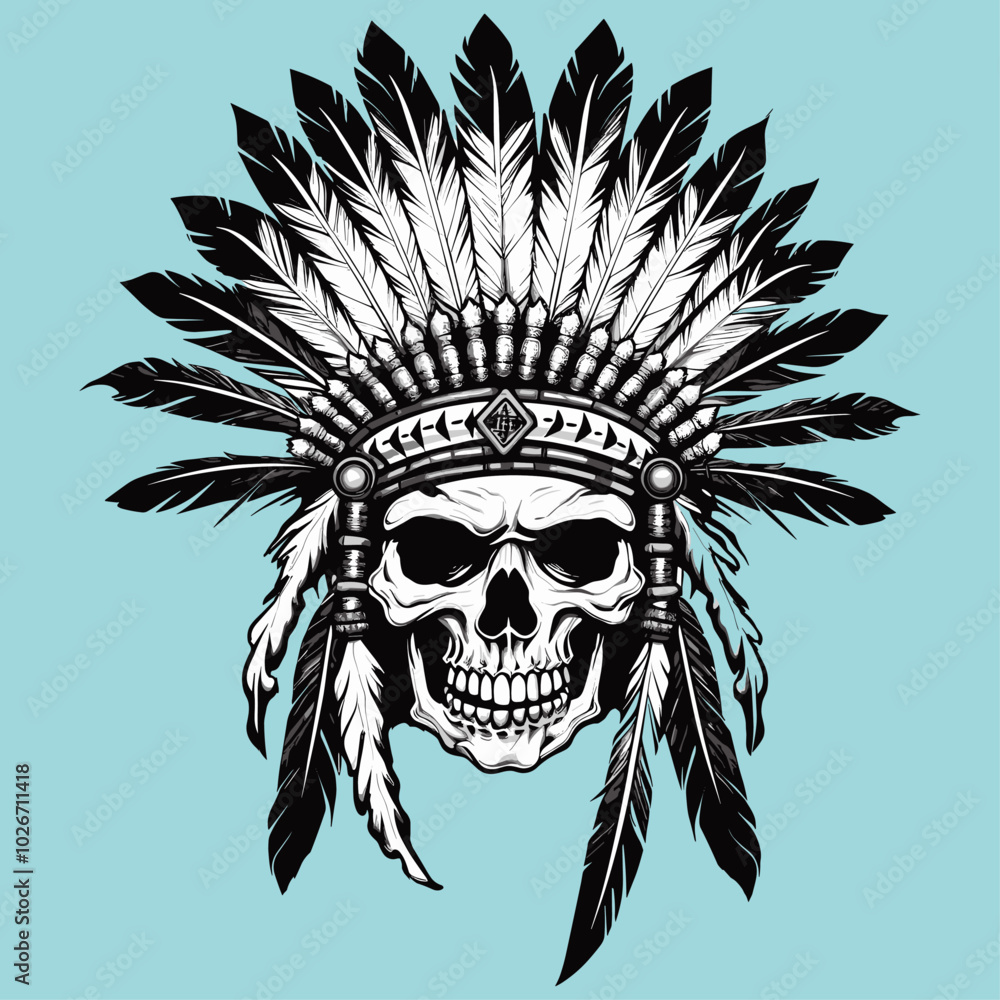 A skull wearing an elaborate headdress with feathers, beads, and tribal motifs. This artwork symbolizes spiritual connection and ancestral wisdom, making it ideal for wall art, tattoos, and fashion pr A skull wearing an elaborate headdress with feathers, beads, and tribal motifs. This artwork symbolizes spiritual connection and ancestral wisdom, making it ideal for wall art, tattoos, and fashion pr