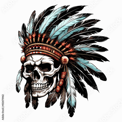 This artwork depicts a skull with a tribal headdress adorned with feathers and sacred symbols, representing ancient rituals and spiritual power. The intricate detailing in the feathers adds depth and 