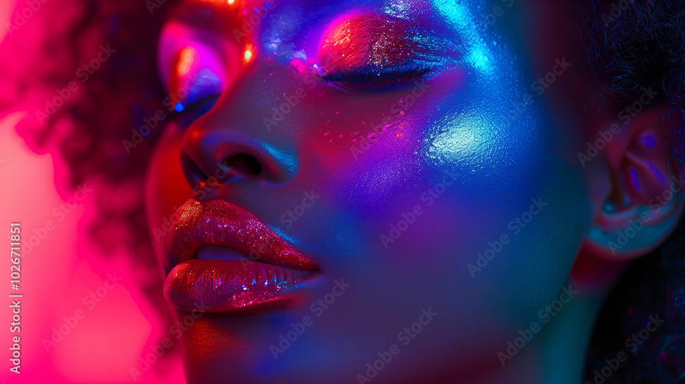 Woman with Glossy Skin Illuminated by Neon Lights Woman with Glossy Skin Illuminated by Neon Lights
