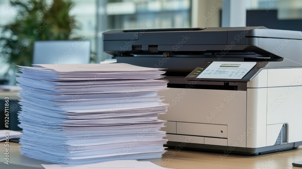 Stack of freshly printed business reports on a desk next to an active office printer.