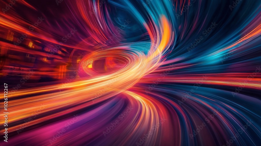 Vibrant light trails swirling around a central point, forming dynamic abstract curves. Vibrant light trails swirling around a central point, forming dynamic abstract curves.