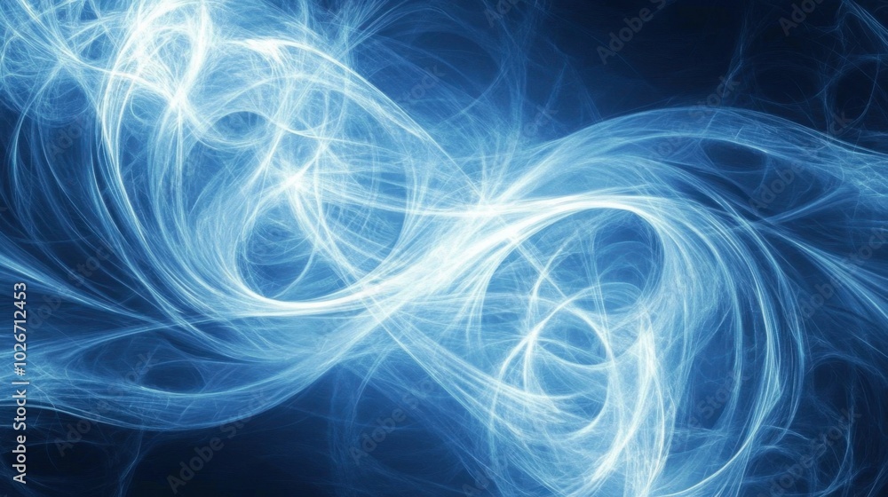 White and blue light lines twisting into abstract spirals against a dark background. White and blue light lines twisting into abstract spirals against a dark background.