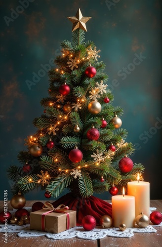 Traditional Christmas symbols are a Christmas tree, balloons, garlands, bells, snowflakes, candles. New Year card. Vertical