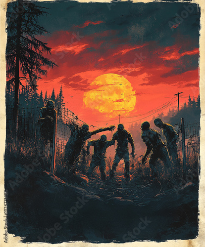 A group of zombies emerges from a dark forest under a glowing, blood-red sunset near a barbed-wire fence