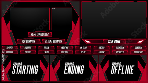 Streaming interface. Stream overlay screens future theme red neon design, online game live camera frame digital facecam panel for cyber gamers and streamers, vector illustration of panel to stream