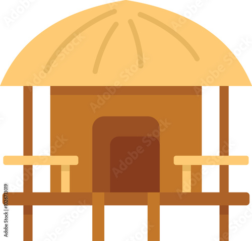 This wooden bungalow with thatched roof standing on stilts is perfect for a tropical vacation