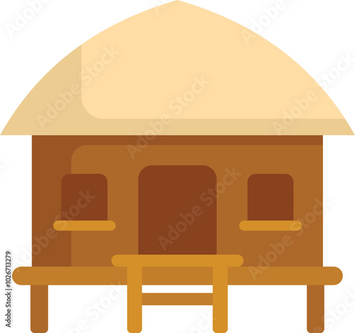 Simple vector illustration of a bungalow with a thatched roof, representing simple living, tropical vacations, and exotic destinations