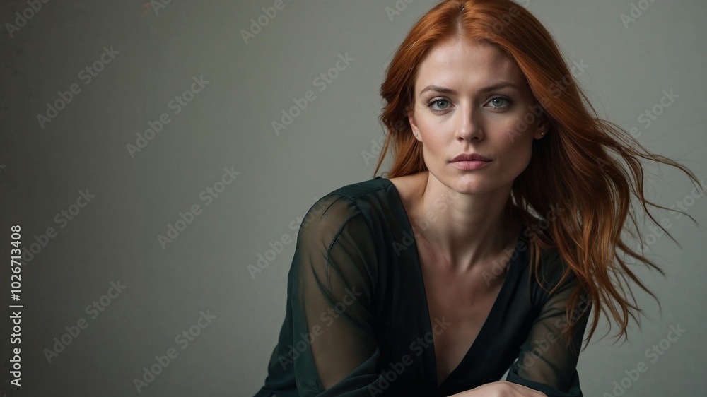 Elegant Woman with Red Hair in a Stylish Green Dress Posing for a Minimalist Indoor Portrait Elegant Woman with Red Hair in a Stylish Green Dress Posing for a Minimalist Indoor Portrait