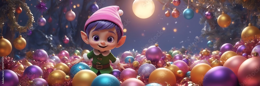 Christmas Design with Santas Elf boy with decorations background