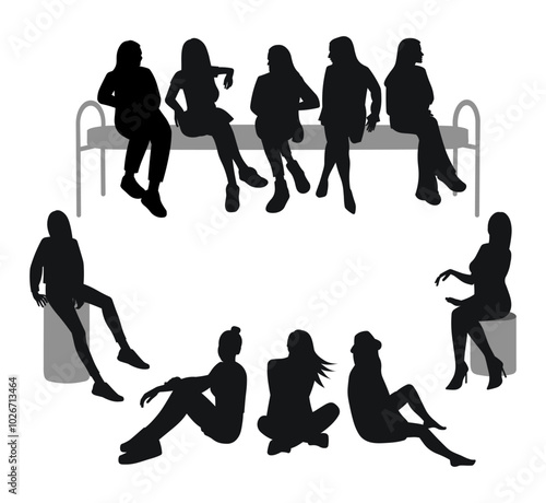 Set of silhouettes of sitting people, girls communicating