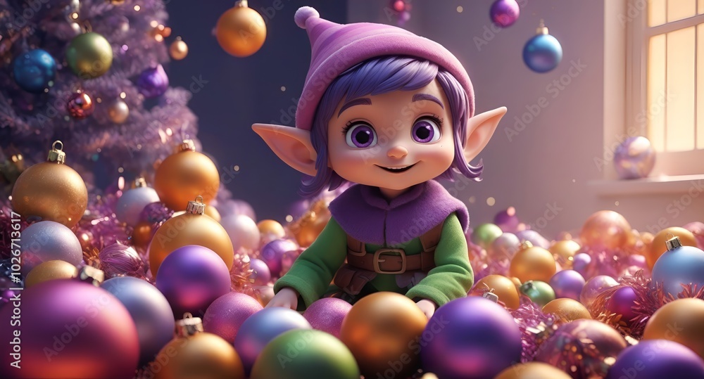 Christmas Design with Santas Elf boy with decorations background Christmas Design with Santas Elf boy with decorations background