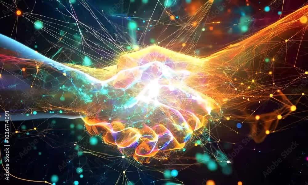 Digital Handshake Symbolizing Technology Partnership Digital Handshake Symbolizing Technology Partnership
