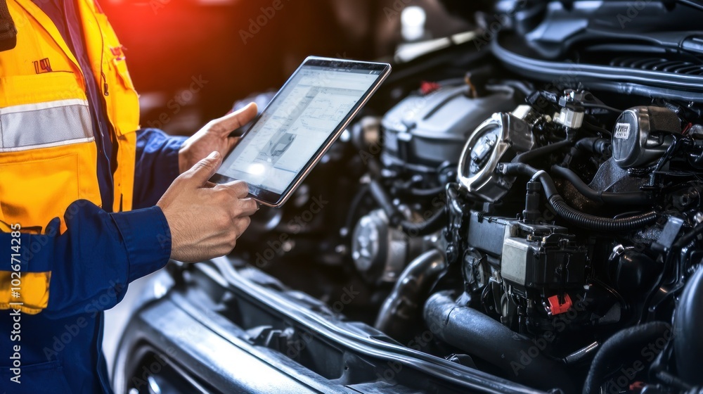 Mechanic Using a Tablet to Inspect a Car Engine