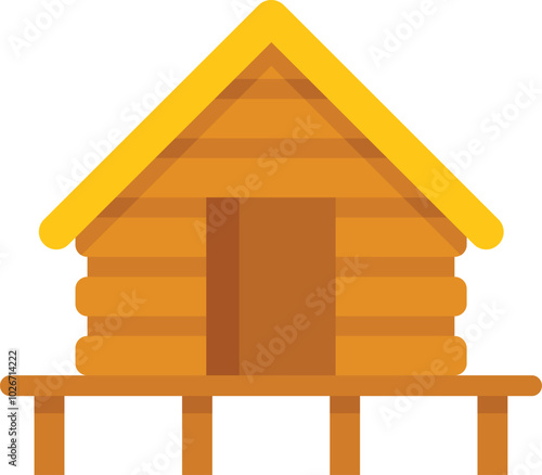 Simple vector illustration of a wooden hut standing on stilts over water, featuring a yellow roof and brown walls, ideal for travel and tourism content
