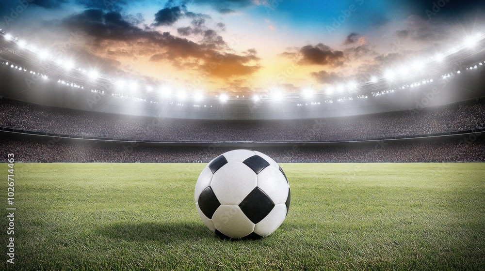Naklejka premium A Soccer Ball on a Green Field in a Stadium with a Crowd of Spectators and Bright Lights