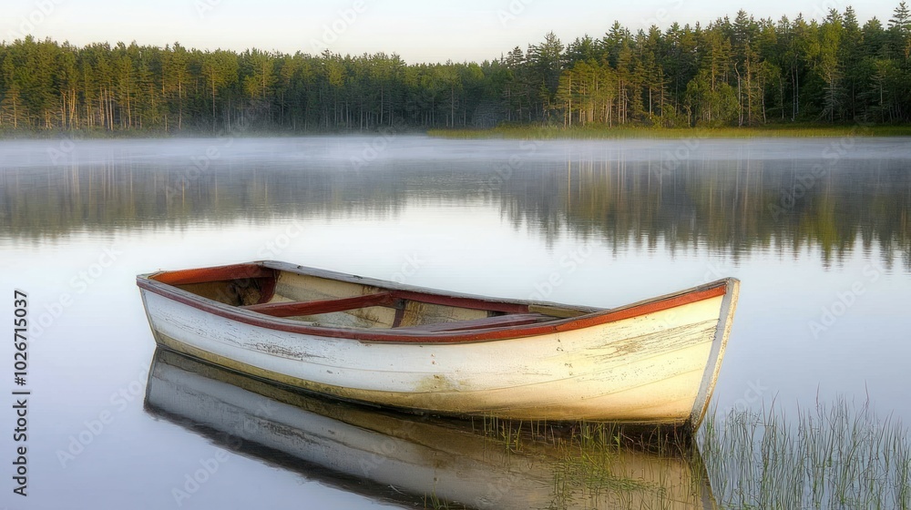 A Rowboat Moored in a Misty Forest Lake at Dawn A Rowboat Moored in a Misty Forest Lake at Dawn