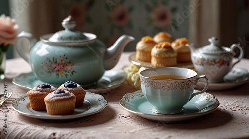 Wallpaper Mural Charming Vintage Tea Set Display set, still life, lace tablecloth, china, pastries, pastel colors, nostalgia, warmth, tradition. Torontodigital.ca