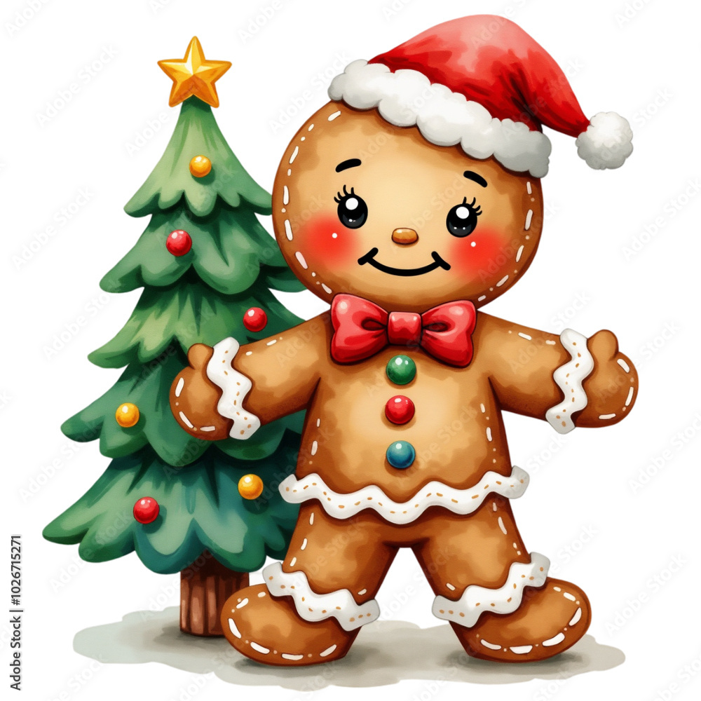 gingerbread person wearing a Santa hat stands next to a decorated Christmas tree gingerbread person wearing a Santa hat stands next to a decorated Christmas tree