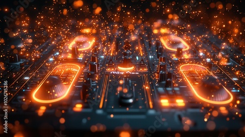 A stunning close-up of a DJ mixer surrounded by glowing sparks, showcasing the advanced technology and creativity in electronic music.