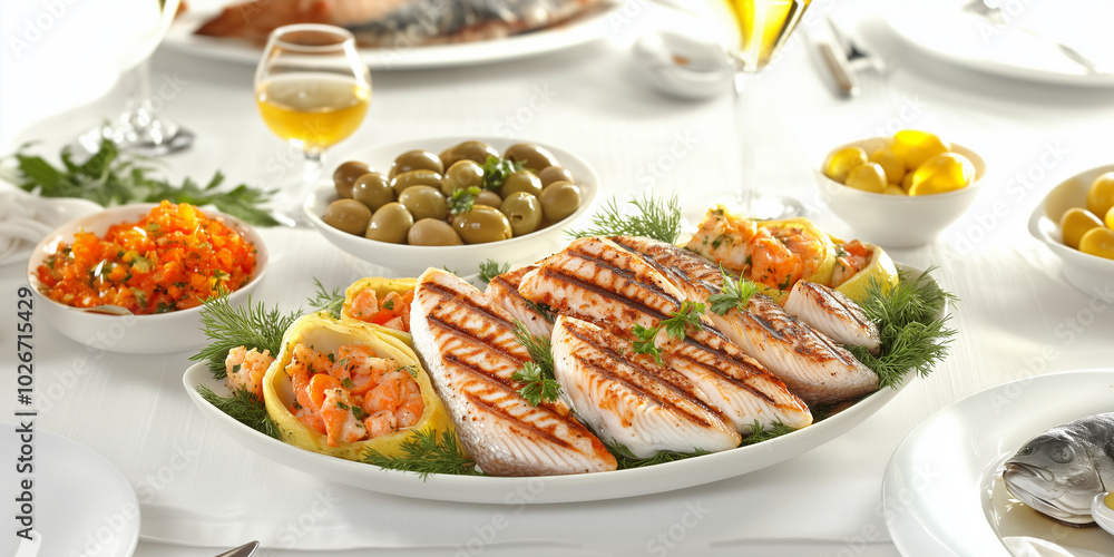 a plate of food with fish and vegetables a plate of food with fish and vegetables