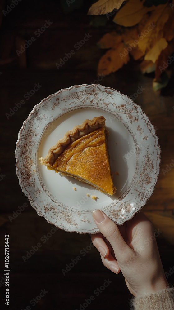 Serving of pumpkin pie offered by woman with text space