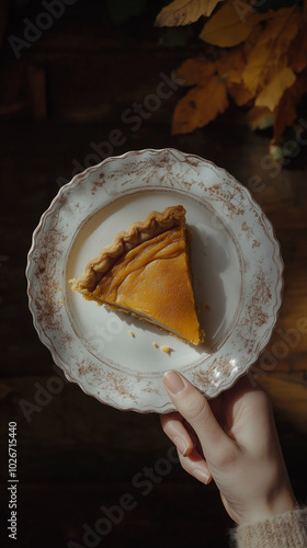 Obraz na płótnie Serving of pumpkin pie offered by woman with text space w salonie
